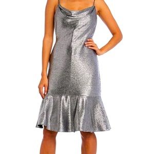 NW Nightway Metallic Drape Neck Flounce Dress Silver